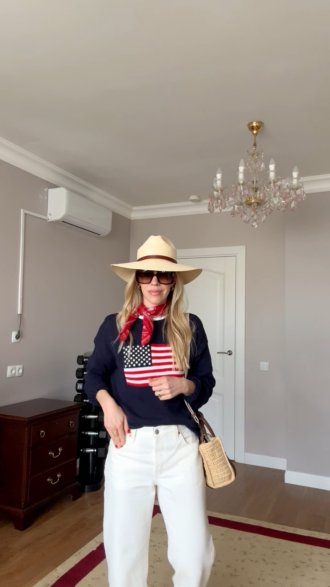 Summer 2026, American flag sweater, 90’s butter mom, red bandana scarf, Ralph Lauren, Fourth of July outfit

#LTKSeasonal #LTKgrwm #LTKOver40