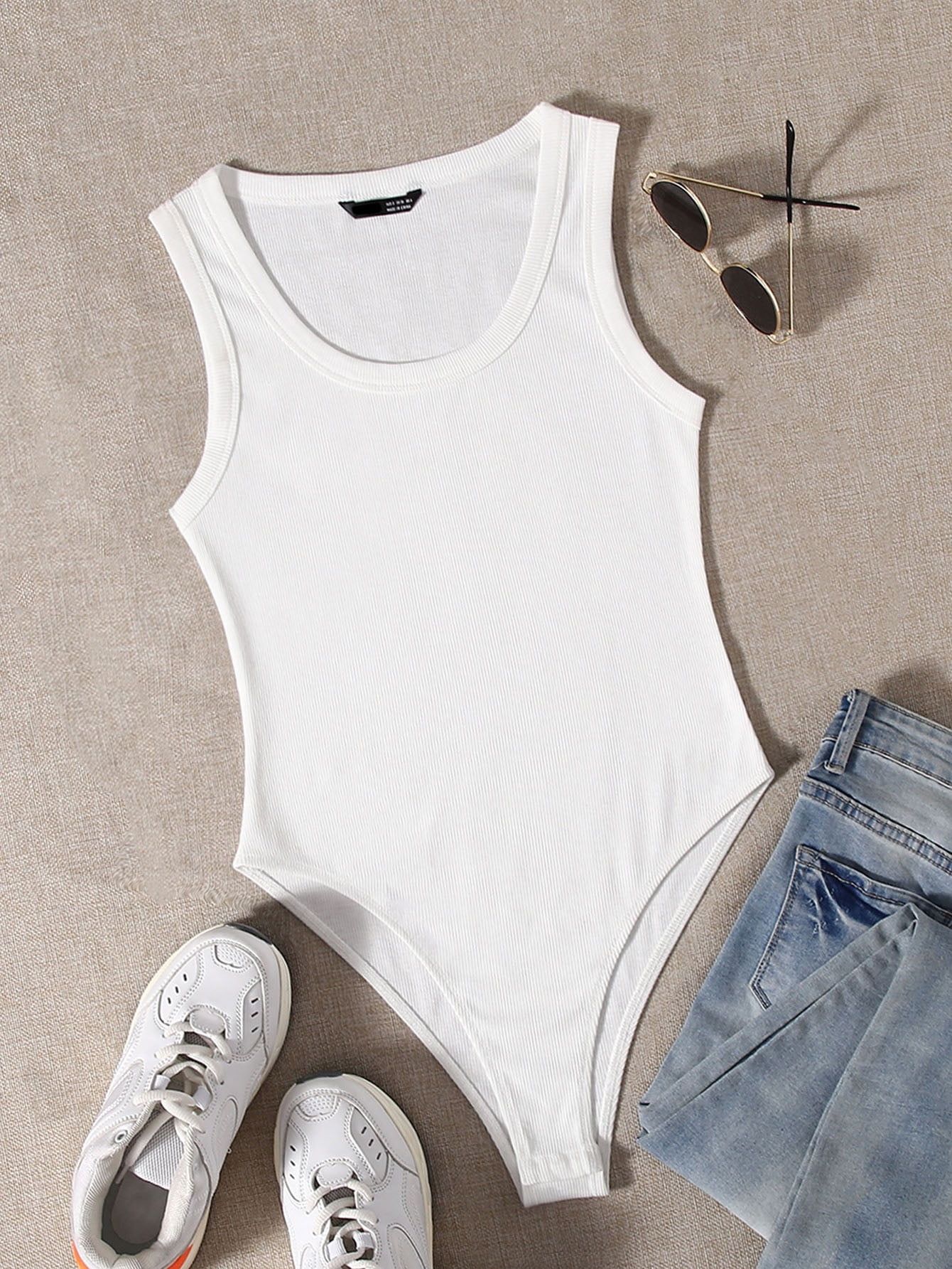 White Women's Scoop Neck Solid Bodysuit Basics M(6) S043X - Walmart.com | Walmart (US)