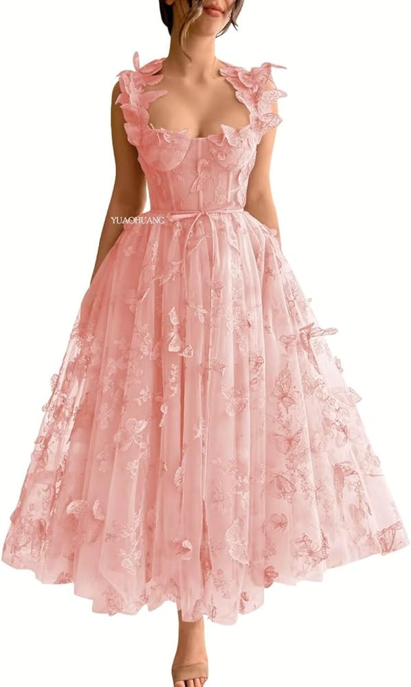 Women's 3D Butterfly Tulle Prom Dresses 2024 Tea Length Lace Embroidery A Line Fairy Corset Prom ... | Amazon (US)