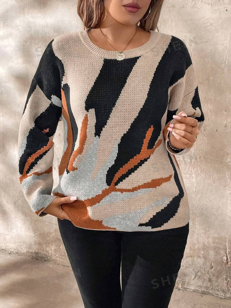 SHEIN LUNE Plus Size Women's Geometric Pattern Crew Neck Dropped Shoulder Long Sleeve Casual Pull... | SHEIN