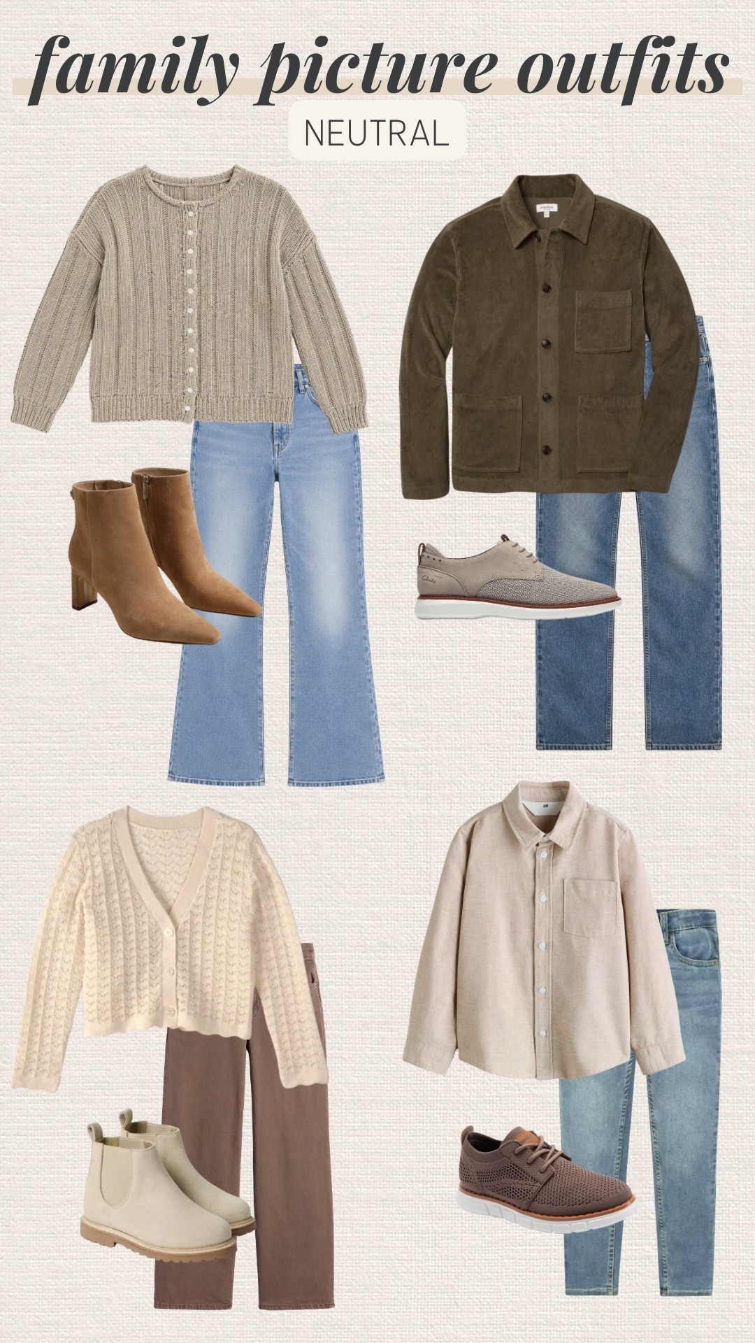 winter family picture outfits, neutral family outfits, denim family outfits, family photo outfits, winter family photos, neutral family photos, denim outfits, family picture outfit ideas, coordinating family outfits, neutral winter outfits, cream and denim outfits, beige and denim outfits, cozy family outfits, classic family outfits, timeless family style, holiday family photos, winter photo inspiration, family photography outfits, neutral Christmas outfits, casual family photo outfits