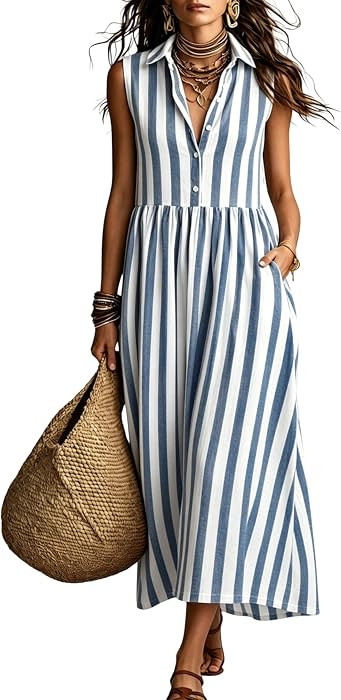 Daacee Women's Striped Sleeveless Maxi Dress Boho Beach Long Sundress | Amazon (US)