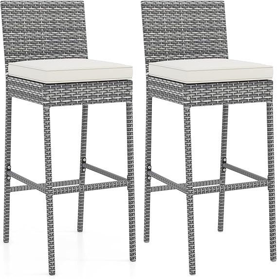 COSTWAY Outdoor Wicker Bar Stools Set of 2, 30'' Patio Bar Height Chairs with Cushion, Footrest a... | Amazon (US)