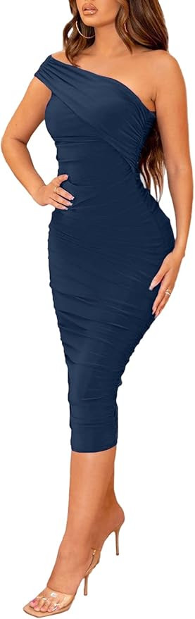 Halfword Sexy One Shoulder Midi Dress for Women Ruched Bodycon Drawstring Night Party Club Cockta... | Amazon (US)
