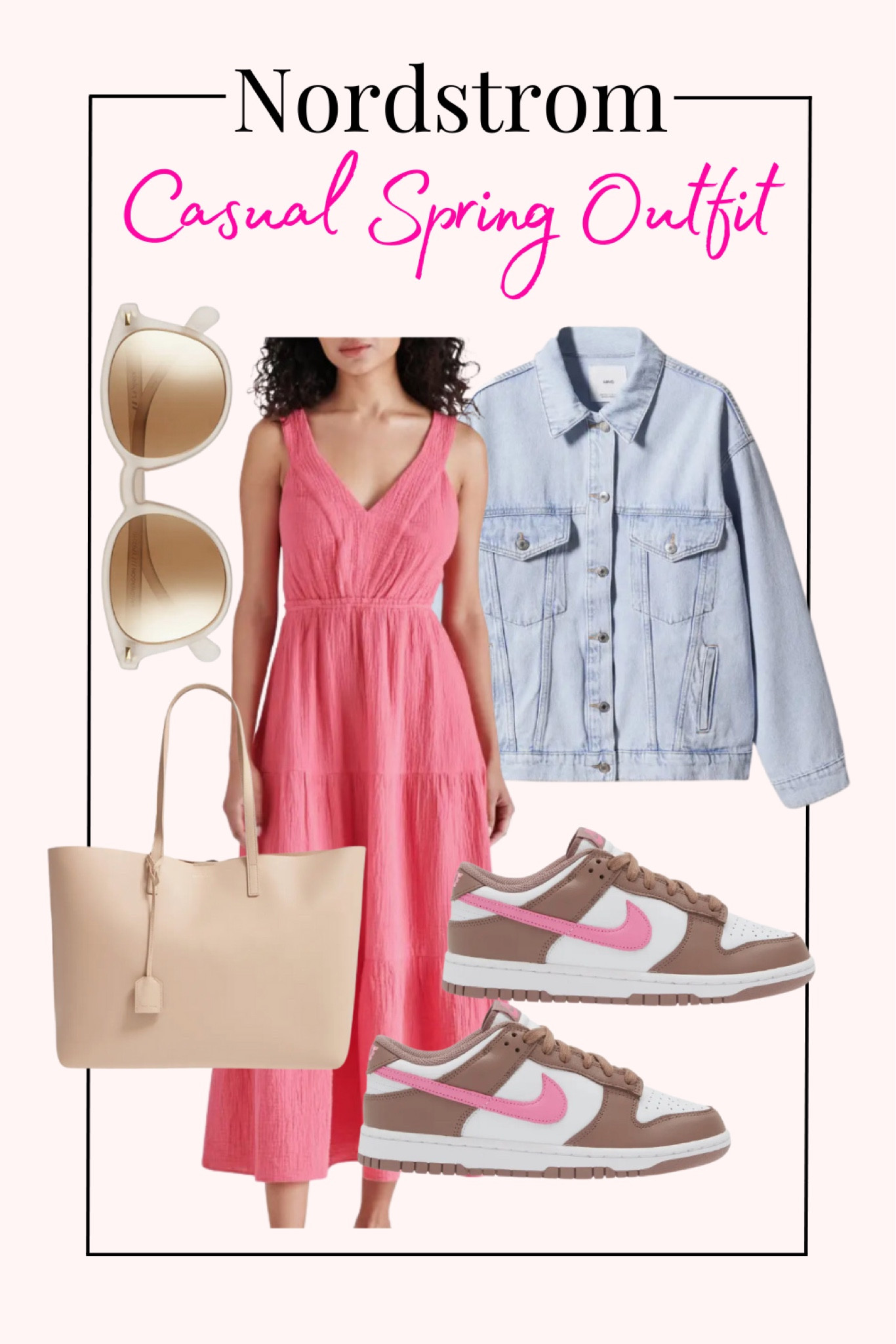 Nordstrom causal spring outfit! Maxi dress, pink Nikes, Saint Laurent bag, neutral tote, denim jacket 

#LTKSeasonal #LTKshoecrush #LTKitbag
