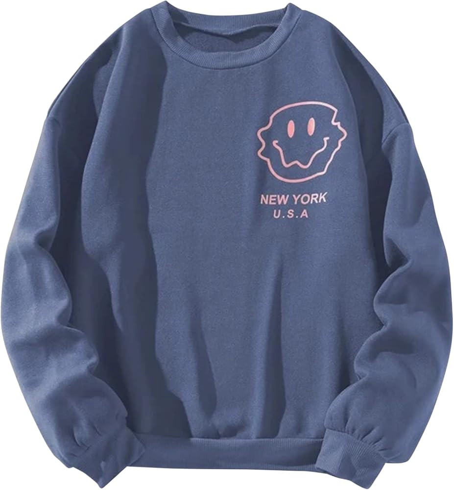 SAFRISIOR Women Oversized Fleece Smiley Face New York Letter Print Graphic Sweatshirt Long Sleeve Cr | Amazon (US)