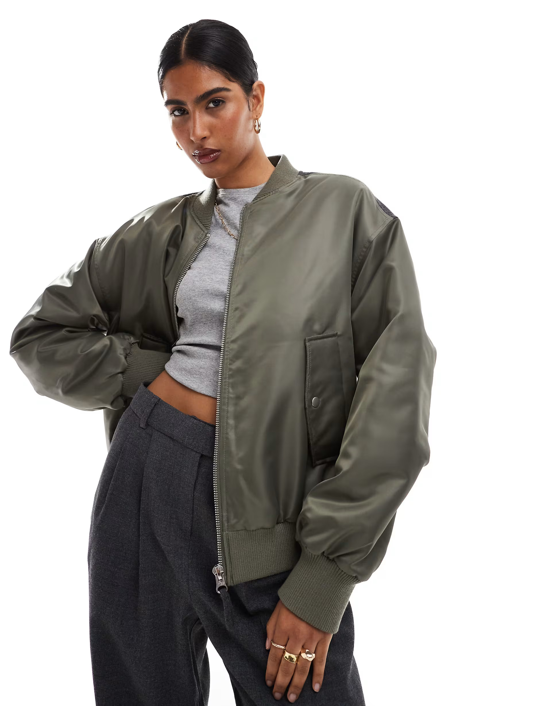 ASOS DESIGN spliced bomber jacket in khaki and grey | ASOS (Global)
