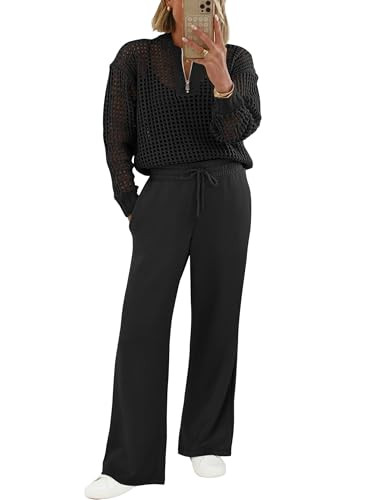 ANRABESS Womens 2 Piece Outfits 2025 Fall Crochet Knit Half Zip Sweater Top Wide Leg Pant Travel ... | Amazon (US)