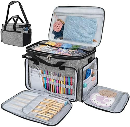 PAVILIA Knitting Bag Yarn Storage Tote - Crochet Organizer Bag, Yarn Storage Holder with Dividers fo | Amazon (US)
