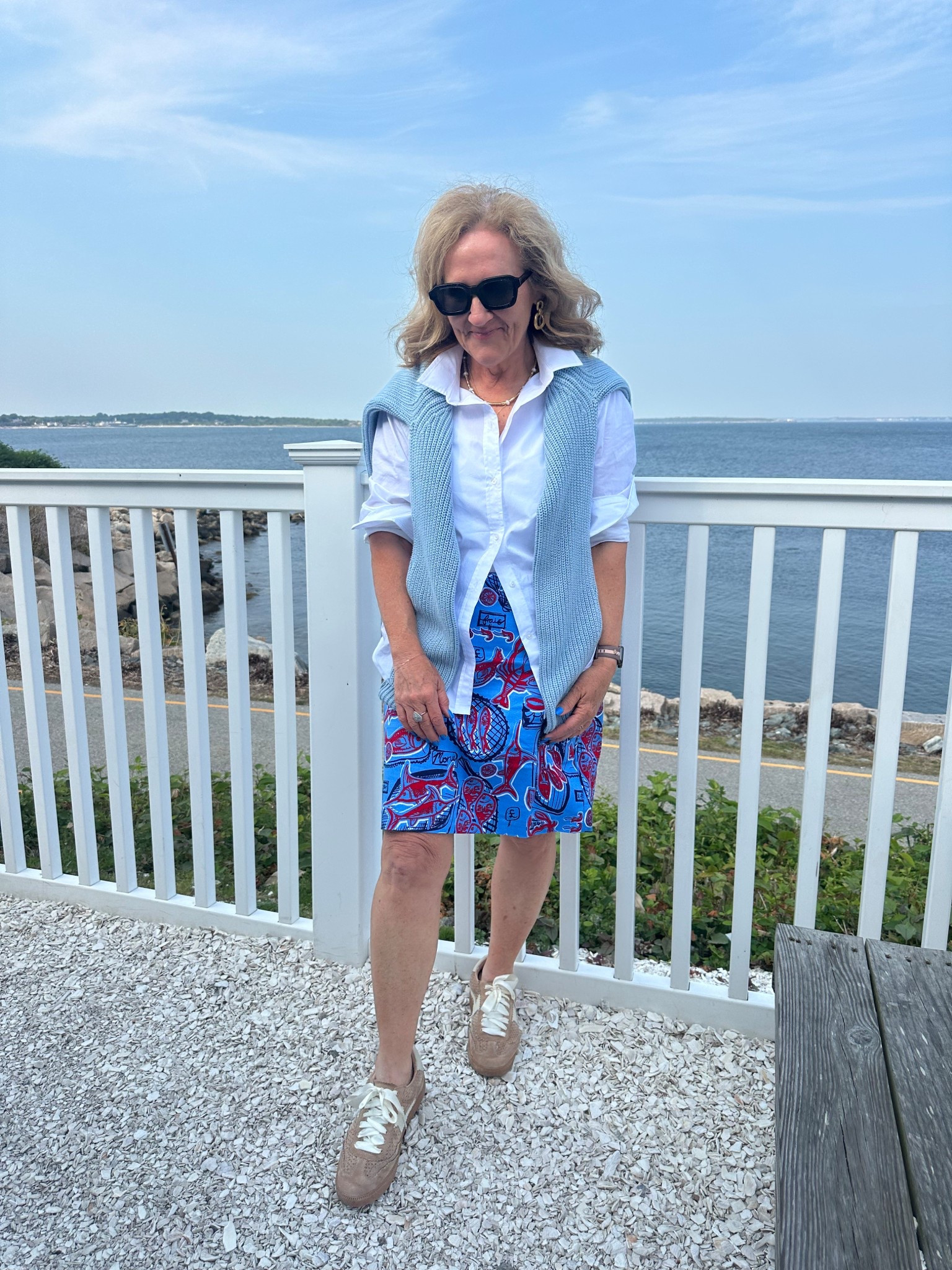 Travel outfit turned vacation outfit! 

Blouse and sweater size medium 
Skirt in lined. Size 8. Avail in petite and plus too 

Sandals might have worked better but not for all the walking! The notice sneakers are the best! 

Talbots quince 4th of July outfit 

#LTKOver40 #LTKSummerEdit #LTKTravel