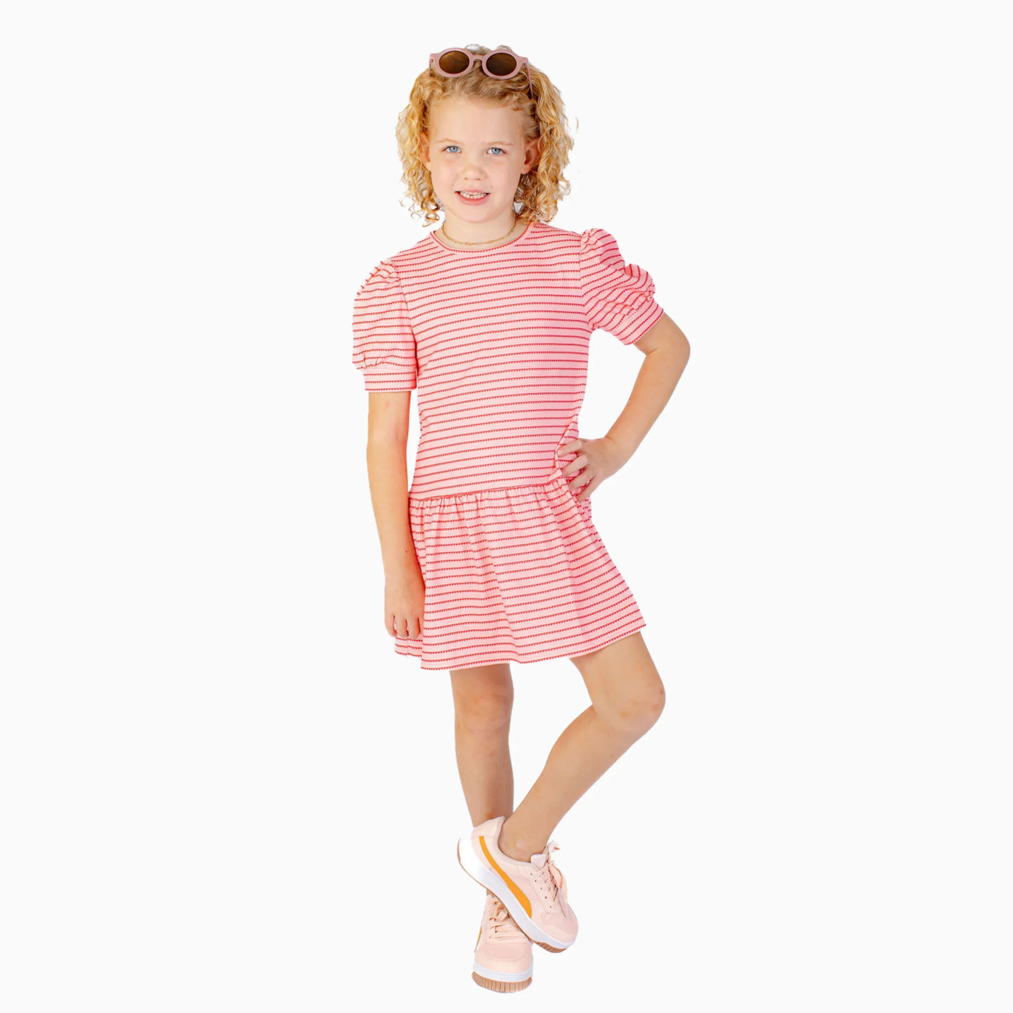 Puff Sleeve Tennis Dress in Pink & Red Heart Stripe | Nella June