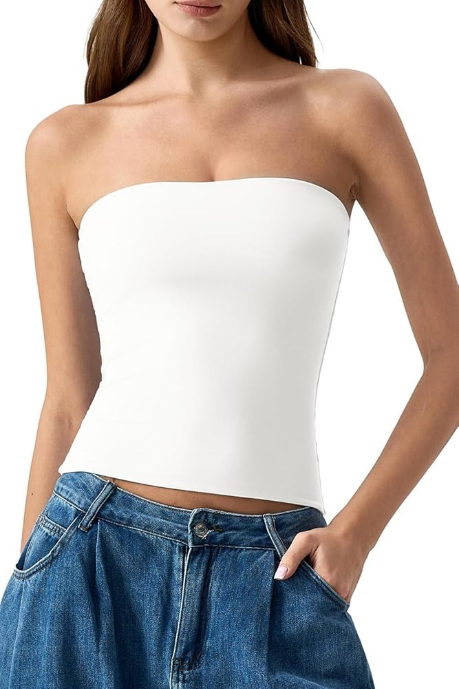 QINSEN Women's Tube Top Double Lined Strapless Bandeau Top Summer Slim Fit Going Out Tank Tops | Amazon (US)