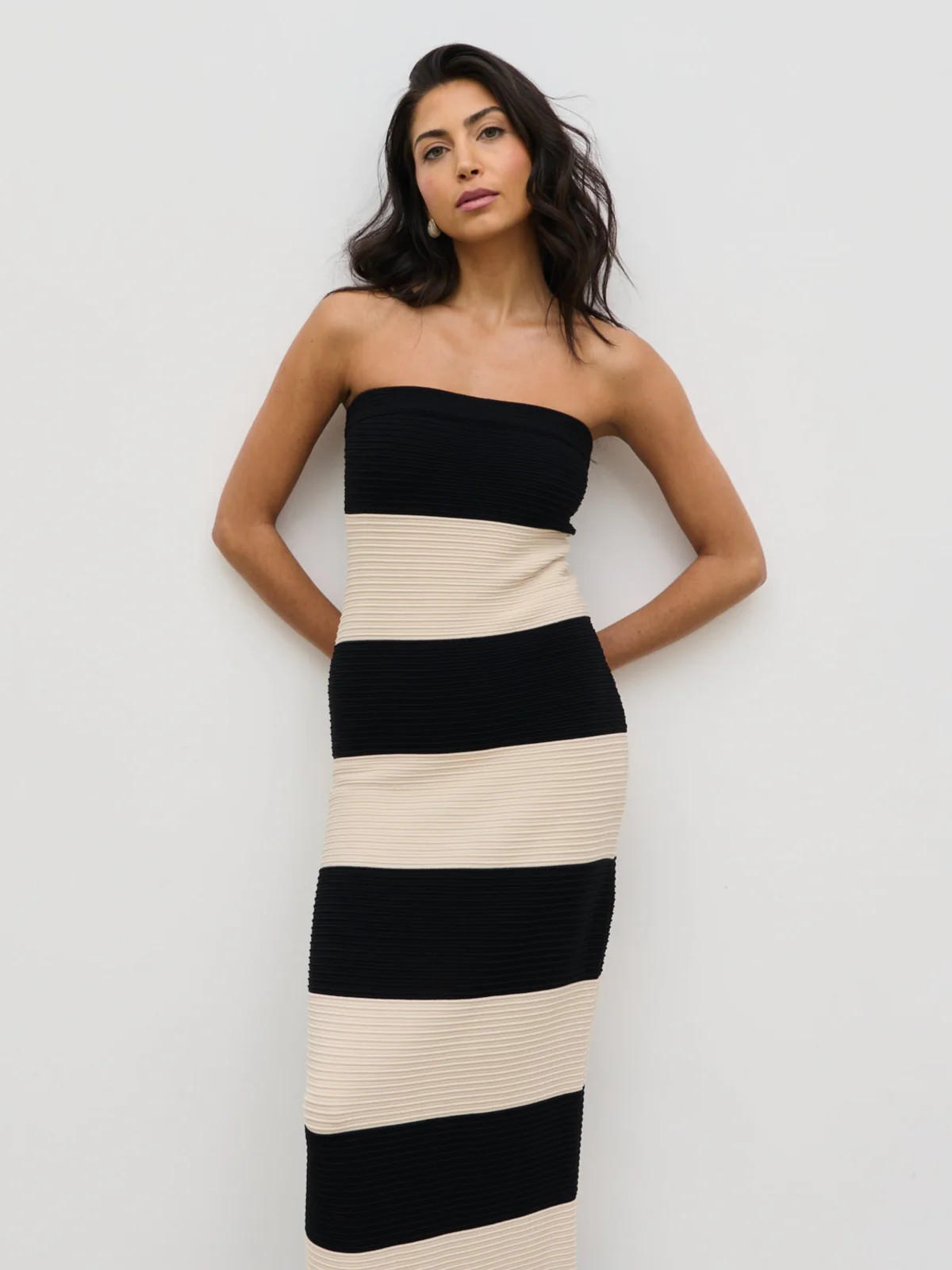 Jamie Bandeau Stripe Crochet Knit Maxi Dress - Black and Cream | Pretty Lavish (UK)