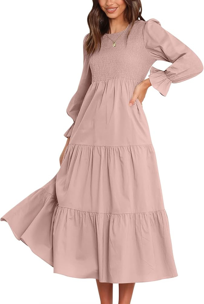 LOGENE Womens Casual Long Puff Sleeve Crew Neck Smocked Elastic Waist Tiered Midi Dress | Amazon (US)