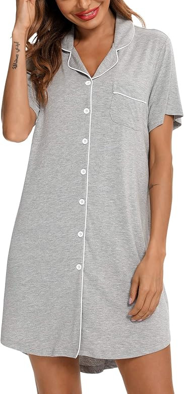 Senert Nightgown for Women Sleep Shirt Short Long Sleeve Sleepwear Boyfriend Nightshirt Button Do... | Amazon (US)