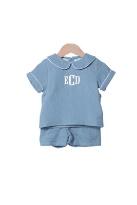 Stone Blue Muslin Peter Pan Collar Short Set | The Smocked Flamingo