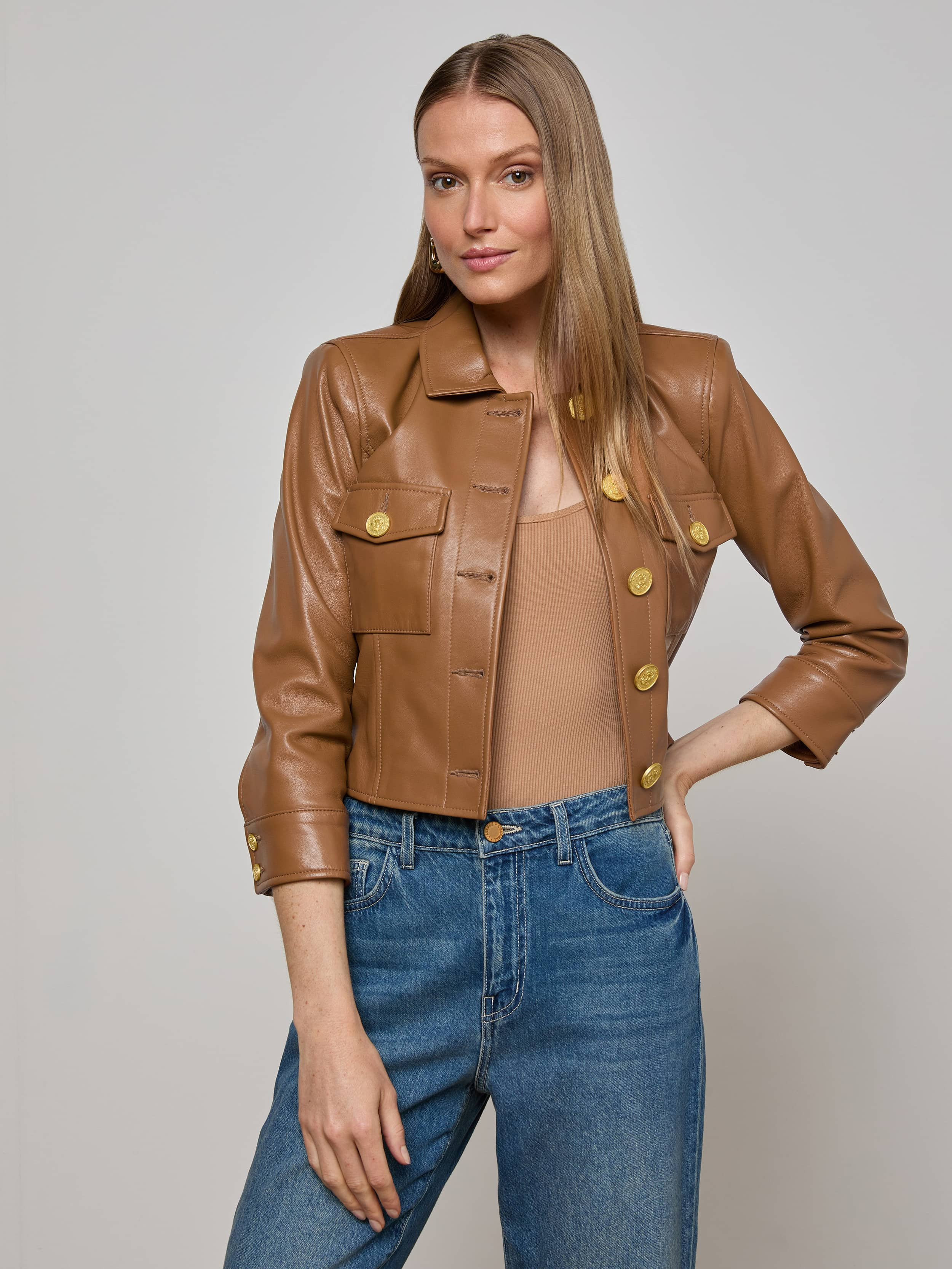 Kumi Cropped Leather Jacket in Soft Cognac | L'AGENCE | L'Agence