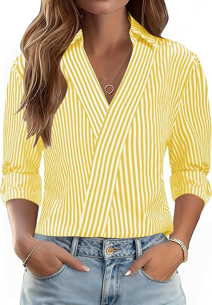 LOMON 3/4 Length Sleeve Womens Tops Dressy V Neck Collared Shirts Trendy Business Casual Work Blo... | Amazon (US)