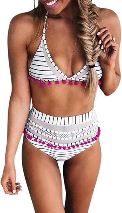 Bdcoco Women's High Waist Two Pieces Bikini Set Padded Stripe Tassel Swimsuit | Amazon (US)