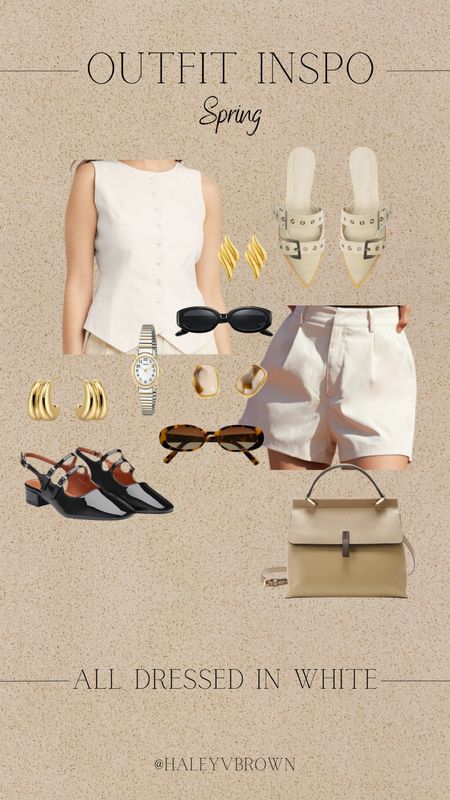 Spring Essentials, Spring Outfit Inspo, Spring White Outfit, Elegant Outfit, Old Money Outfit, Target White Vest, Linen Vest, Neutral Mules, Linen Shorts, Ballet Flats, Neutral Handbag, Oval Sunglasses, Tortoise Sunglasses, Chunky Gold Earrings, Wrist Watch, Neutral Outfit, Spring Lunch Date Outfit, Date Night Outfit

#LTKstyletip #LTKSeasonal #LTKshoecrush