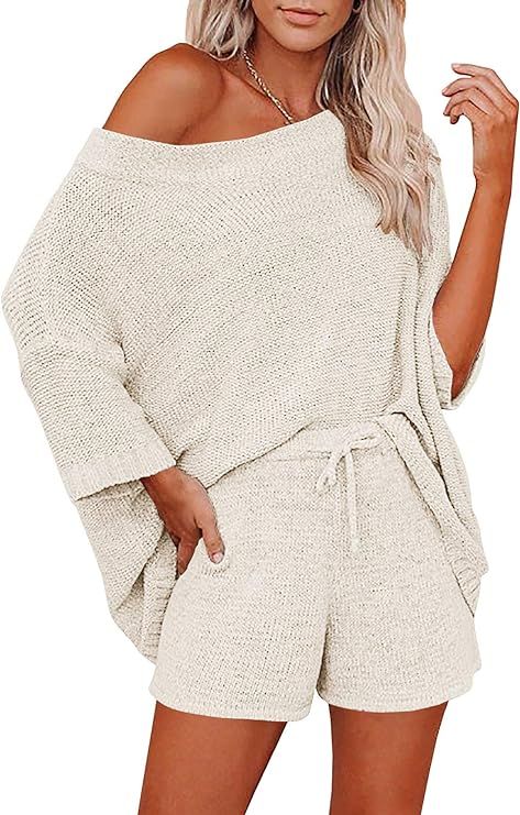 Mafulus Women's 2 Piece Outfits Sweater Set Off Shoulder Knit Top + Drawstring Waist Short Suits ... | Amazon (US)