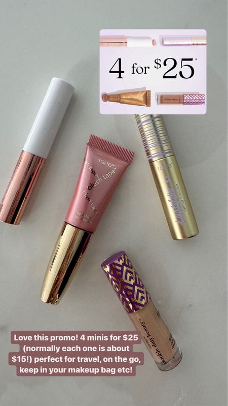 4 minis for $25 at Tarte! Perfect for travel, on the go, try a product  you've been eyeing etc! 

#LTKBeauty #LTKSaleAlert