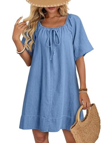Dokotoo Women's Summer Denim Mini Dress Flare Short Sleeve Scoop Neck Casual Flowy Swing Jean Dresses Fashion Tie Front Cotton A-Line Dresses Sky Blue Medium | Amazon (US)