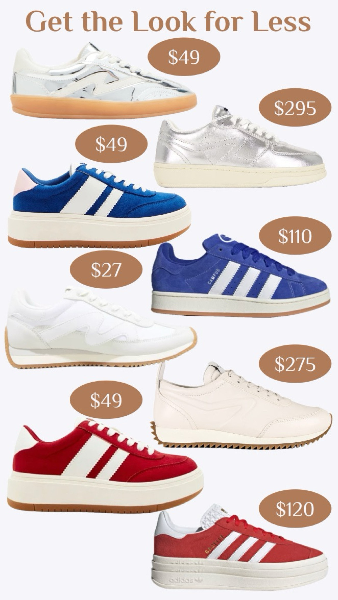 Get the Look for Less: Sneakers! Sneakers are trending right now and go with basically any outfit…comfort is key! Found some cute options and some similar options for less for you!
……………
shoes under $50 shoes under $30 fall shoes fall finds fall trends fall outfits red sneakers blue sneakers red shoes Adidas gazelle rag & bone shoes rag & bone sneakers rag & bone dupes Adidas dupes gazelles dupes silver sneakers sneakers under $50 sneakers under $40 sneakers under $100 suede sneakers white sneakers metallic shoes silver shoes back to school shopping college essentials college style outfit with sneakers college shopping game day outfit game day shoes Marc jacobs dupe dolce vita dupe 

#LTKShoeCrush #LTKFindsUnder50 #LTKStyleTip