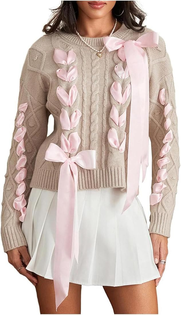 Women Cute Bow Knit Sweater Long Sleeve Bow Front Knitted Pullover Lace Up Cable Jumper Knitwear Going Out Top | Amazon (US)