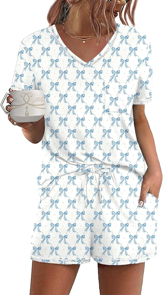 Ekouaer Women's Pajamas Sets Short Sleeve Pjs Two Piece Sleepwear Casual Lounge Sets With Pockets | Amazon (US)