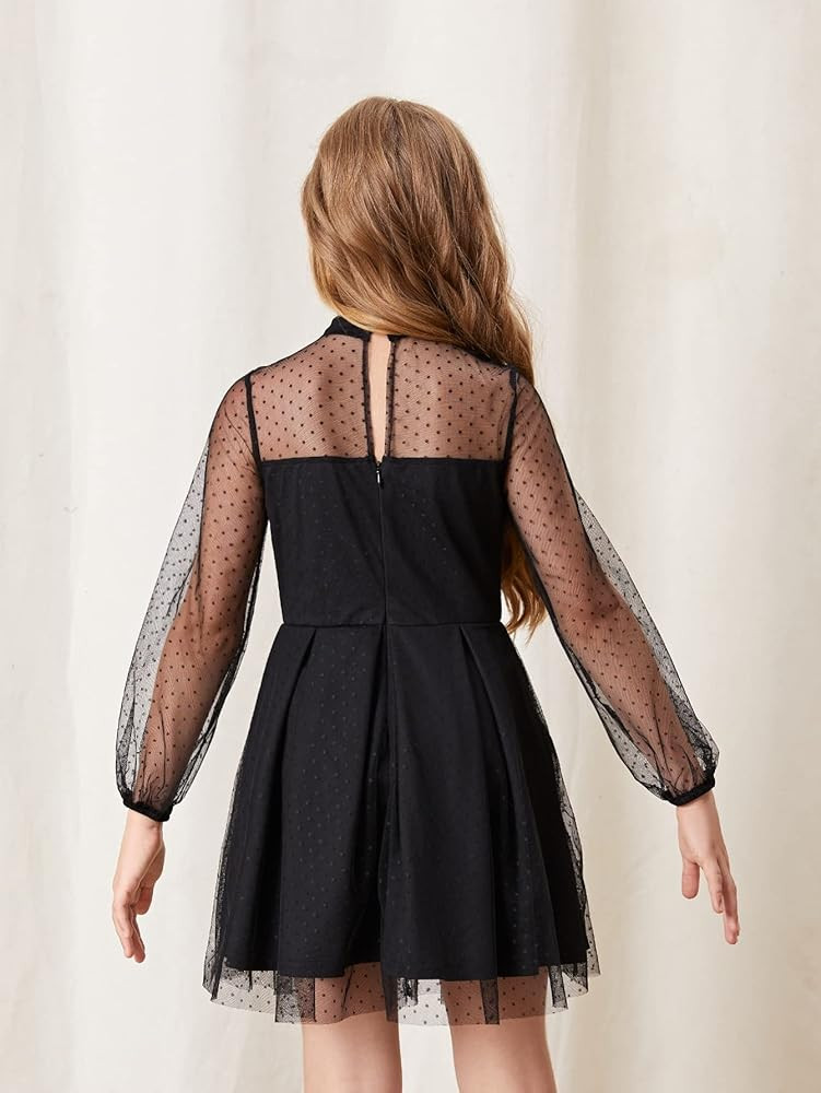 Floerns Girls Polka Dots Sheer Mesh Long Sleeve Pleated A Line Short Dress | Amazon (US)