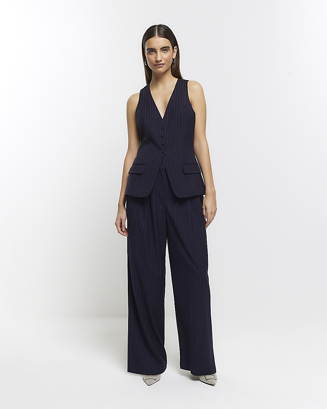 Navy Stripe Longline Waistcoat | River Island (US)