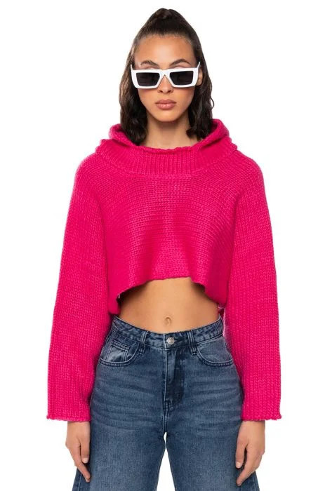 WORSHIP ME KNIT CROP HOODIE in neon pink | AKIRA