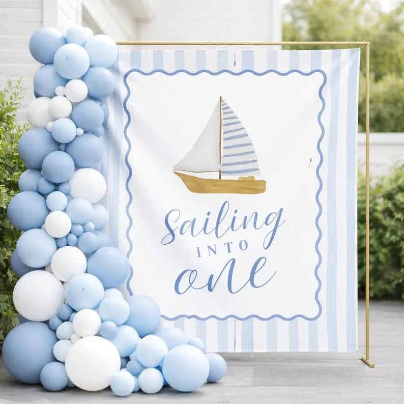 Nautical "sailing Into One" First Birthday Backdrop: Watercolor Sailboat Boy Party Decor - Etsy | Etsy (Global)