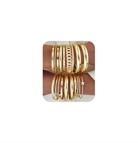 ÌF ME Gold Bangle Bracelets for Women, 19Pcs Multi Stackable Textured Bangles Set, Dainty 14K Gold Plated Chunky Bracelet Stack Fashion Boho Jewelry Gifts for Women | Amazon (US)