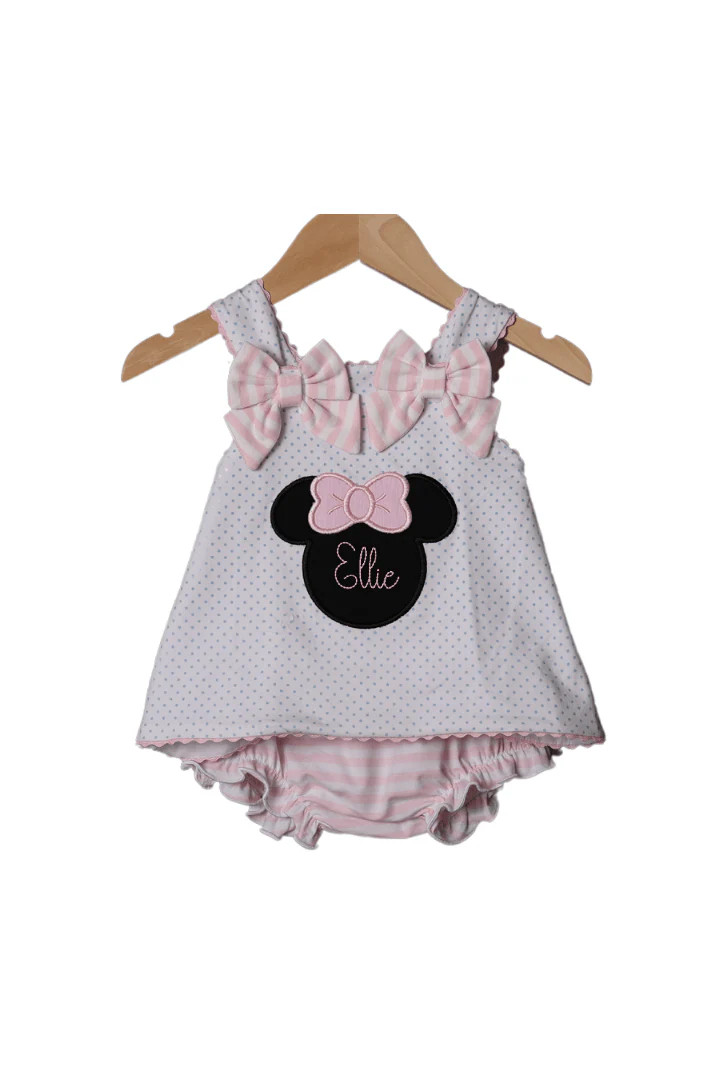 Pink Mouse Applique Bow Bloomer Set | The Smocked Flamingo