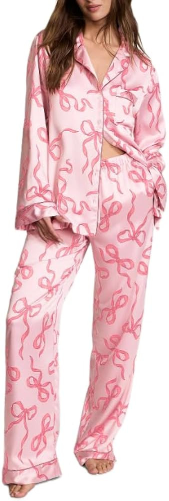 Satin Silk Christmas Pajamas Set for Women Cute Santa Claus Pjs Button Up Shirt+Pants 2 Piece Xma... | Amazon (US)