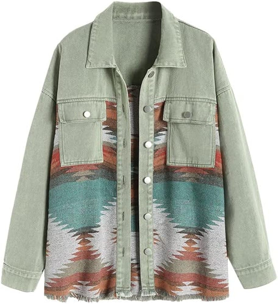 Charfille Women's Ethnic Aztec Printed Long Sleeve Shirt Retro Western Denim Spliced Shacket Jack... | Amazon (US)