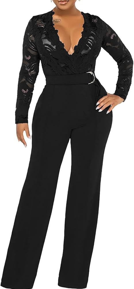 Formal Jumpsuits for Women Lace Elegant Dressy Pantsuits Classy Jumpsuits Wide Leg Rompers Sexy P... | Amazon (US)