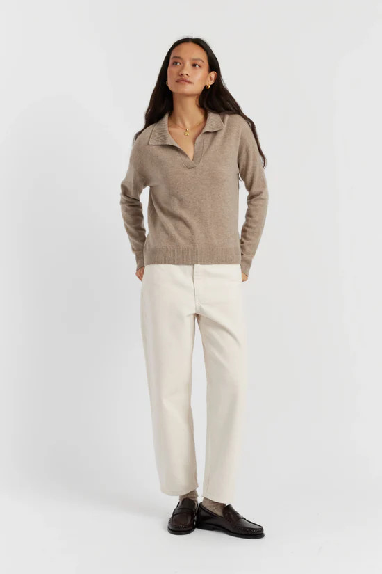 Warm-Oatmeal Wool-Cashmere Collared Sweater | Chinti & Parker