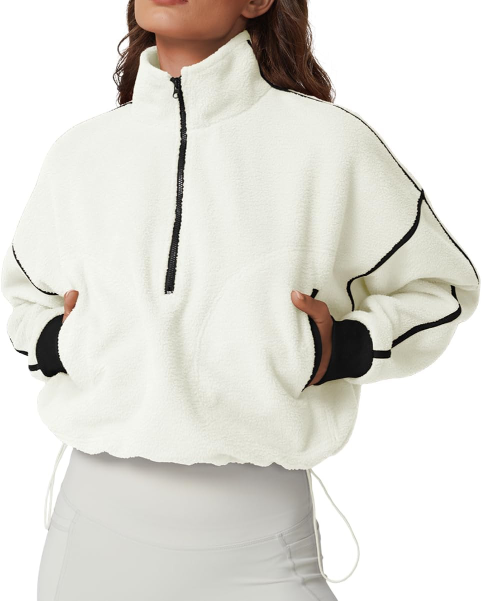 QINSEN Women's Half Zip Fleece Short Pullover Sweatshirt Winter Long Sleeve Cozy Sherpa Sweater Top | Amazon (US)