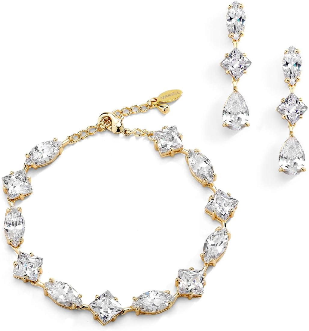Mariell Gold Zirconia Crystal Wedding Bracelet and Earrings Set for Women, Jewelry for Bride, Bri... | Amazon (US)