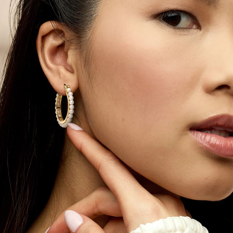 3-3.5mm Cultured Pearl Hoop Earrings in 18kt Gold Over Sterling. 1 1/4" | Ross-Simons