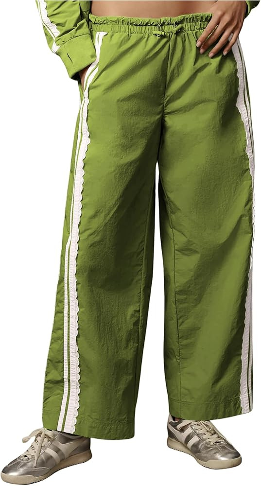 Women Baggy Track Pants Lace Side Stripe Drawstring Elastic Waist Wide Leg Parachute Pants with P... | Amazon (US)
