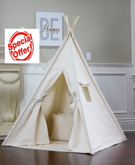 Original Canvas Teepee Package with Poles,Floor, Window, Pocket, LED Light,Flags Banner, Storage ... | Etsy (US)