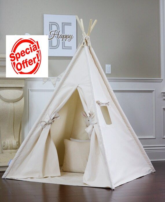 Original Canvas Teepee Package with Poles,Floor, Window, Pocket, LED Light,Flags Banner, Storage ... | Etsy (US)