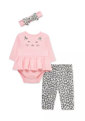 Little Me Baby Girls Leopard Bodysuit and Pants Set with Headband, Pink, 6 Months | Belk