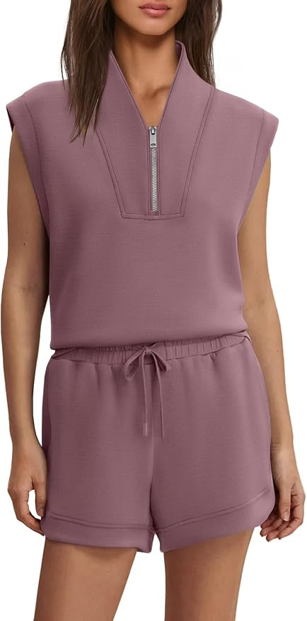 Womens 2 Piece Lounge Set Buttery Soft Oversized Half Zip Sleeveless Pullover High Rise Shorts Su... | Amazon (US)