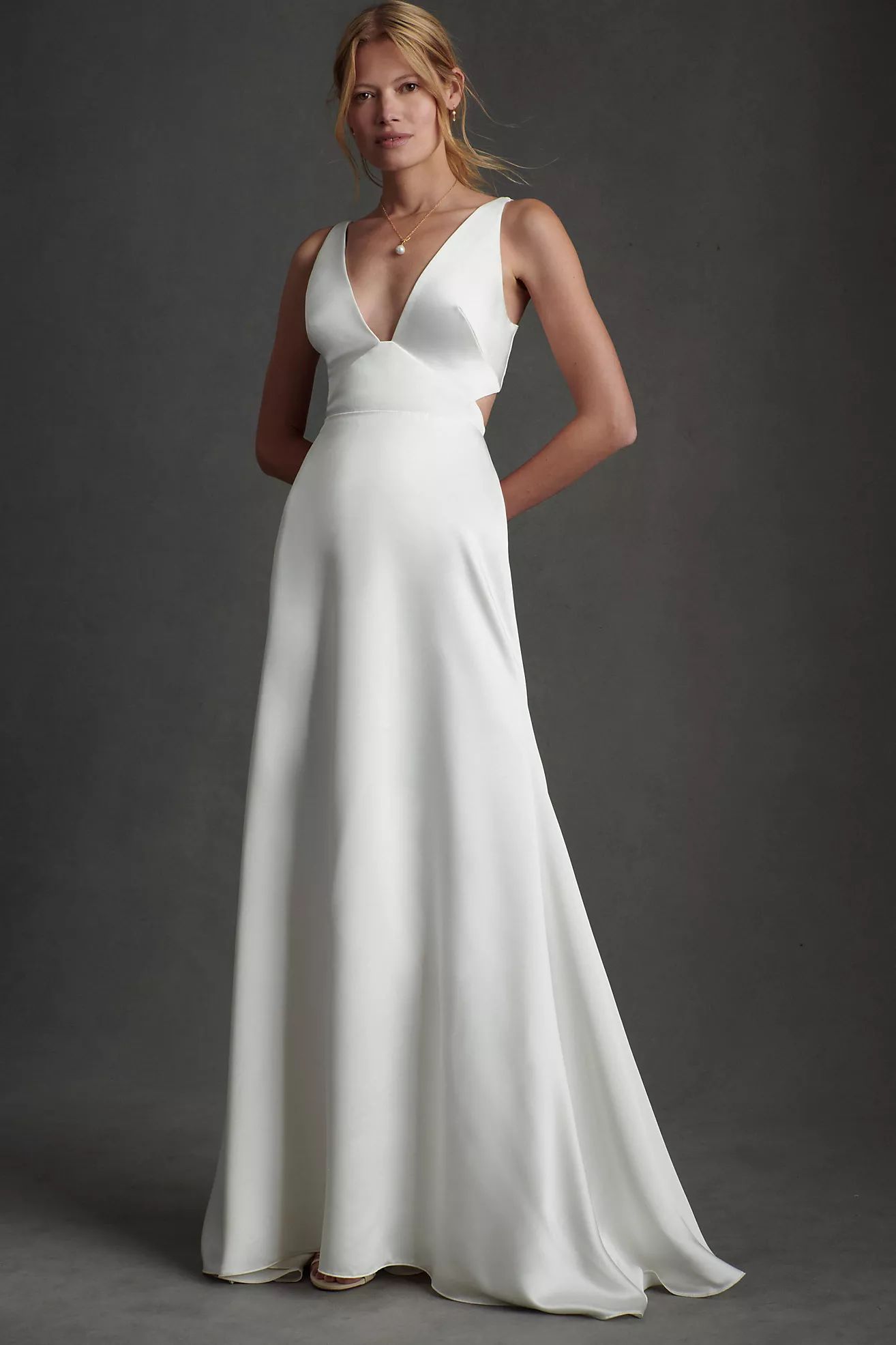 Watters Collins Plunge-Neckline Satin Wedding Gown | Anthropologie (US)