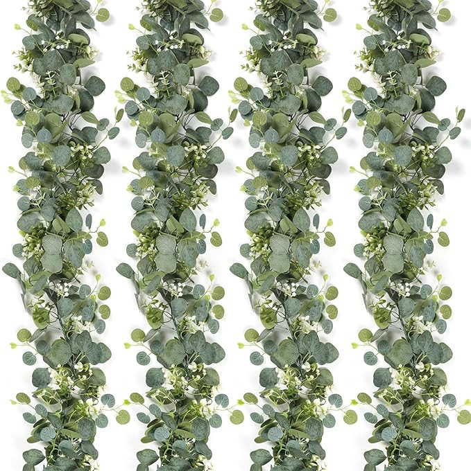 SOMYTING Artificial Eucalyptus Garland with White Flowers 4 Packs 5.9Ft Silver Dollar Eucalyptus ... | Amazon (US)